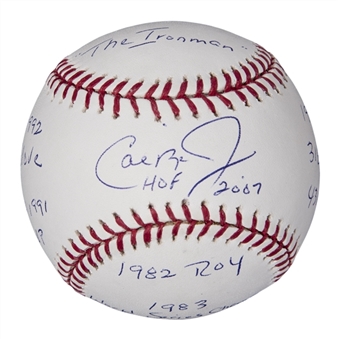 Cal Ripken Jr Signed OML Selig Baseball With Stats Inscriptions (MLB Authenticated & Steiner)